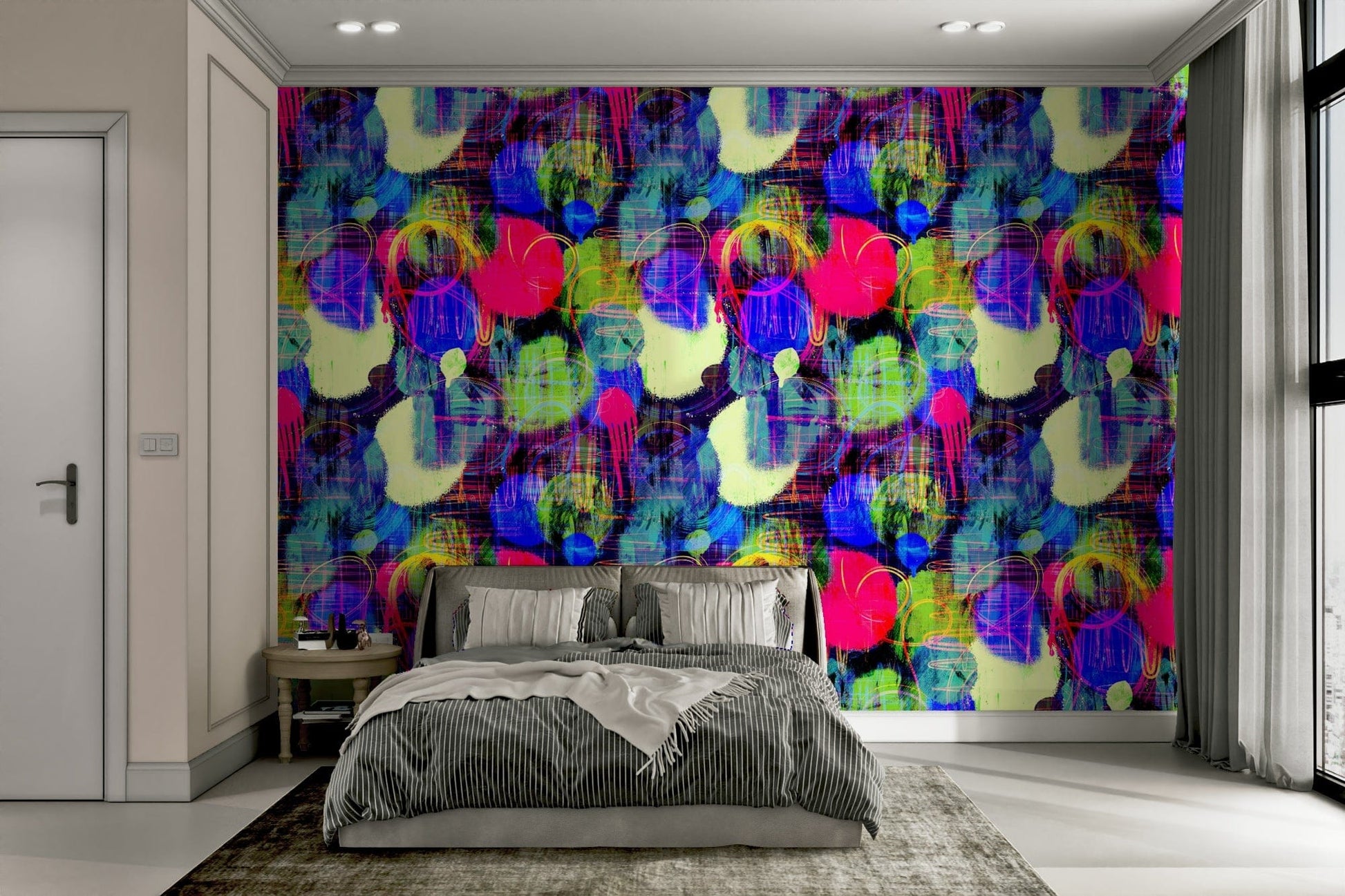 An interior with a fun and artistic accent wall

