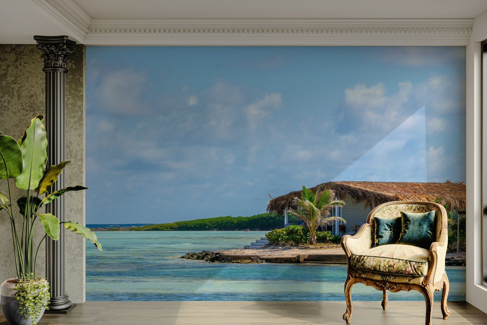 Panoramic view of a tropical beach on the Bonaire coast.

