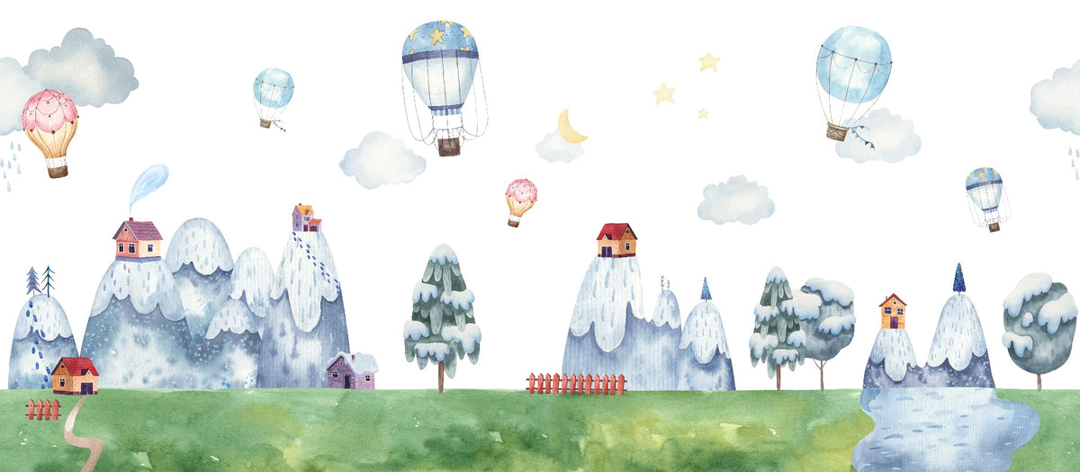 Watercolor City with Mountain & Balloons Wallpaper in your room — zoomed