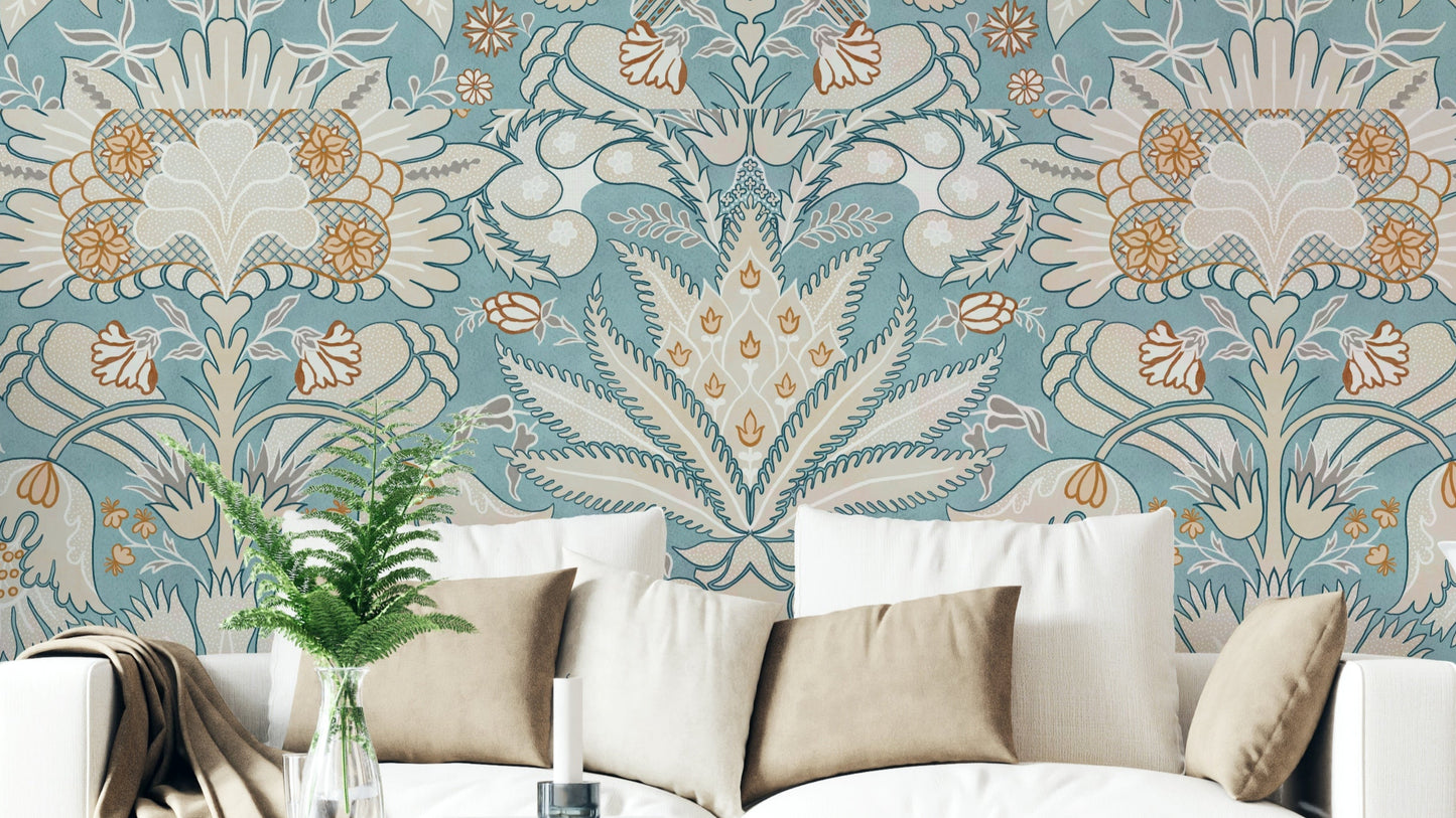 Botanic Damask Cream Aqua Blue Wallpaper in a lounge
