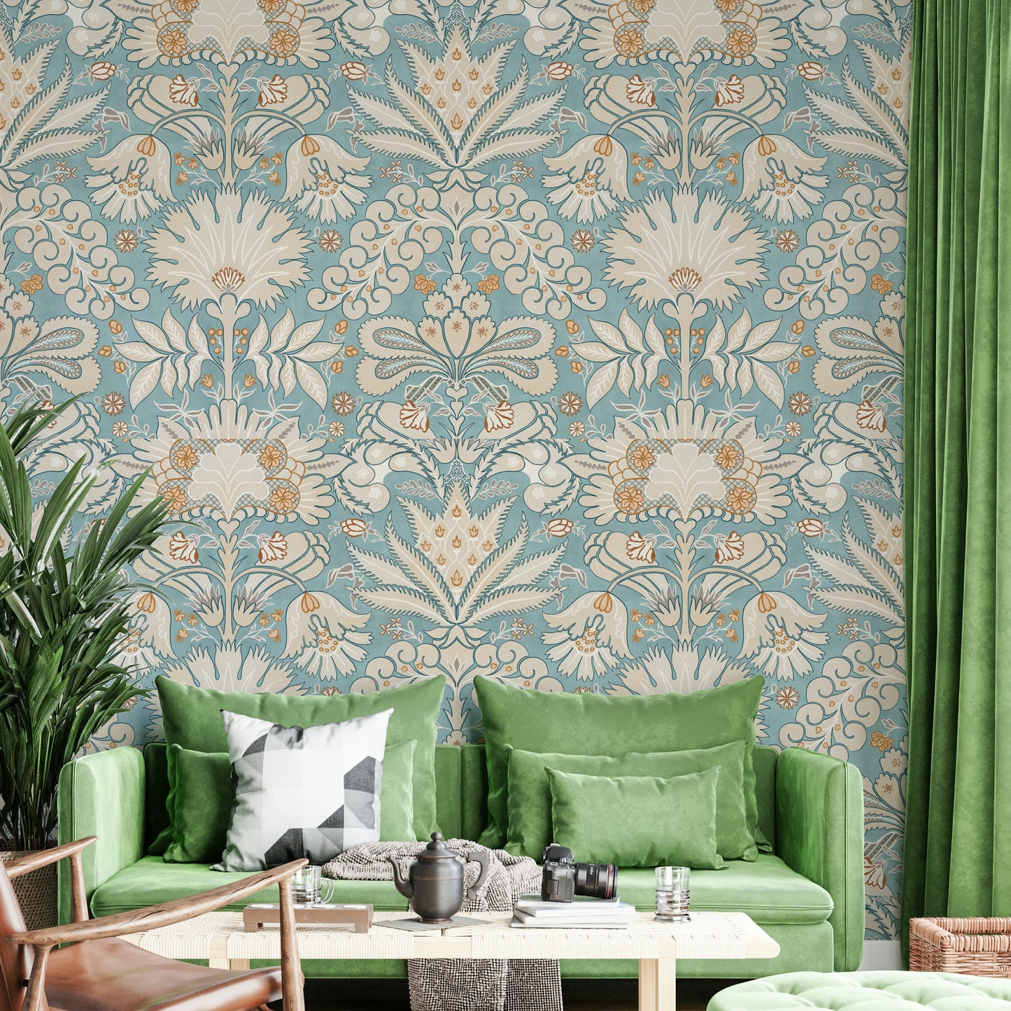 Classic botanic wallpaper with soft aqua accents


