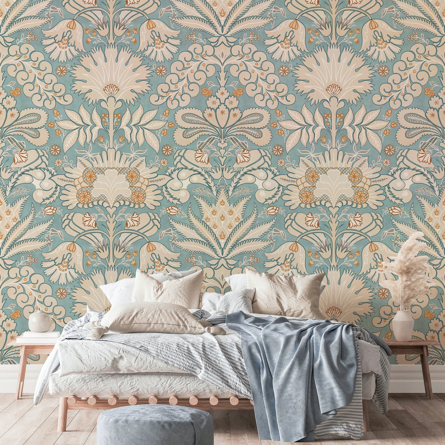 Chic interior with cream and aqua damask wall pattern

