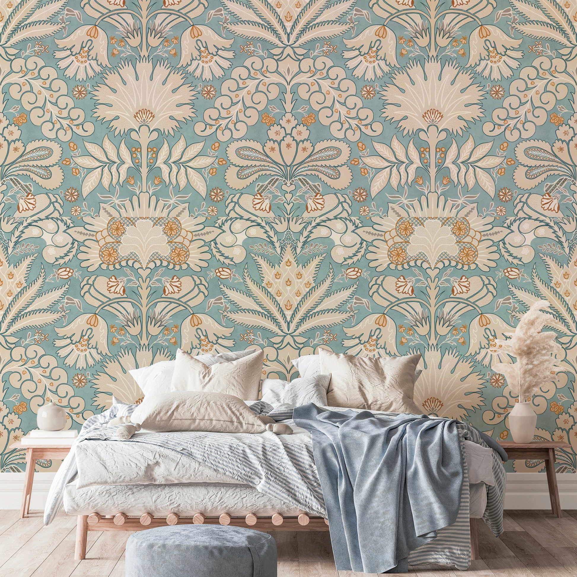 Chic interior with cream and aqua damask wall pattern

