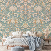 Chic interior with cream and aqua damask wall pattern

