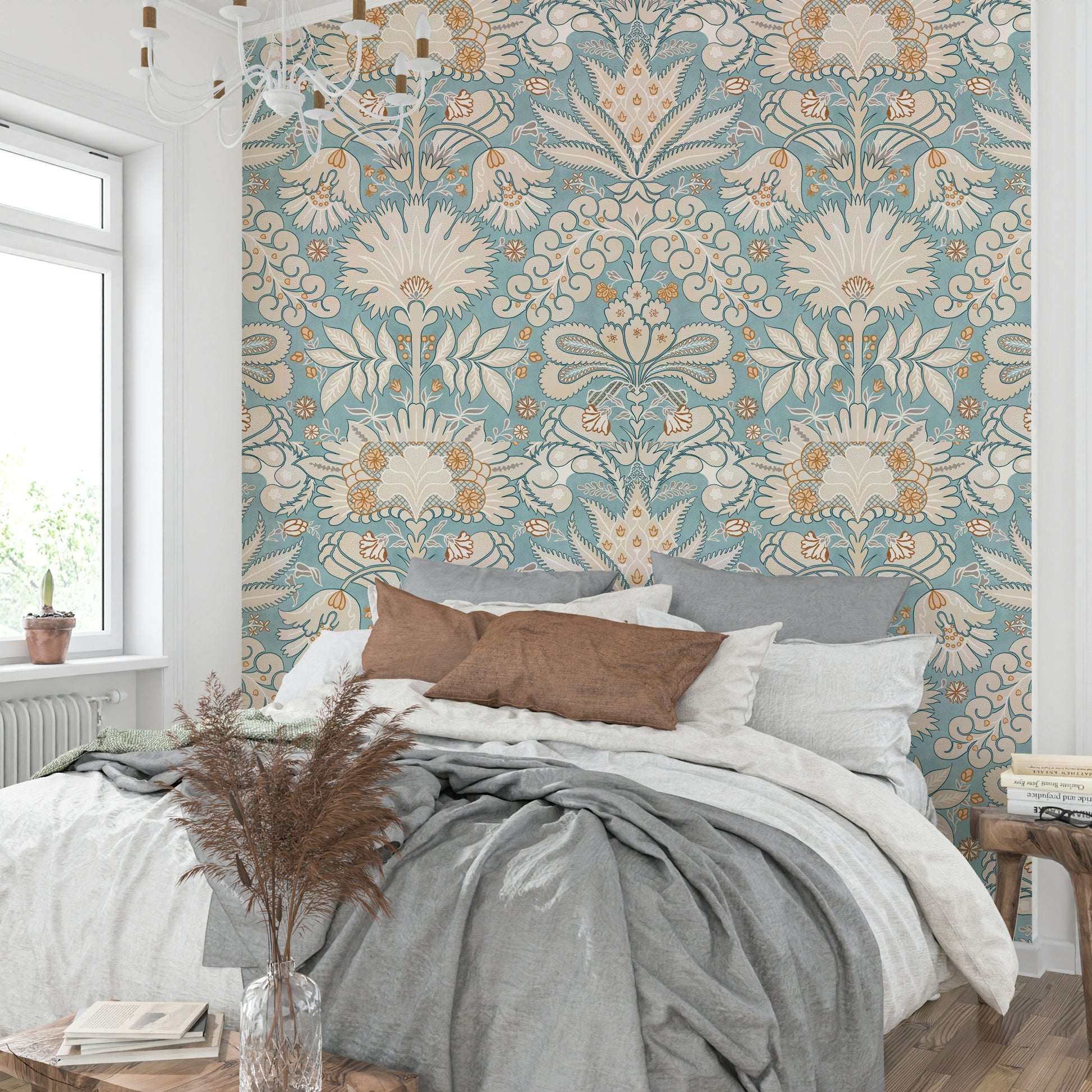 Elegant aqua blue and cream floral damask wallpaper

