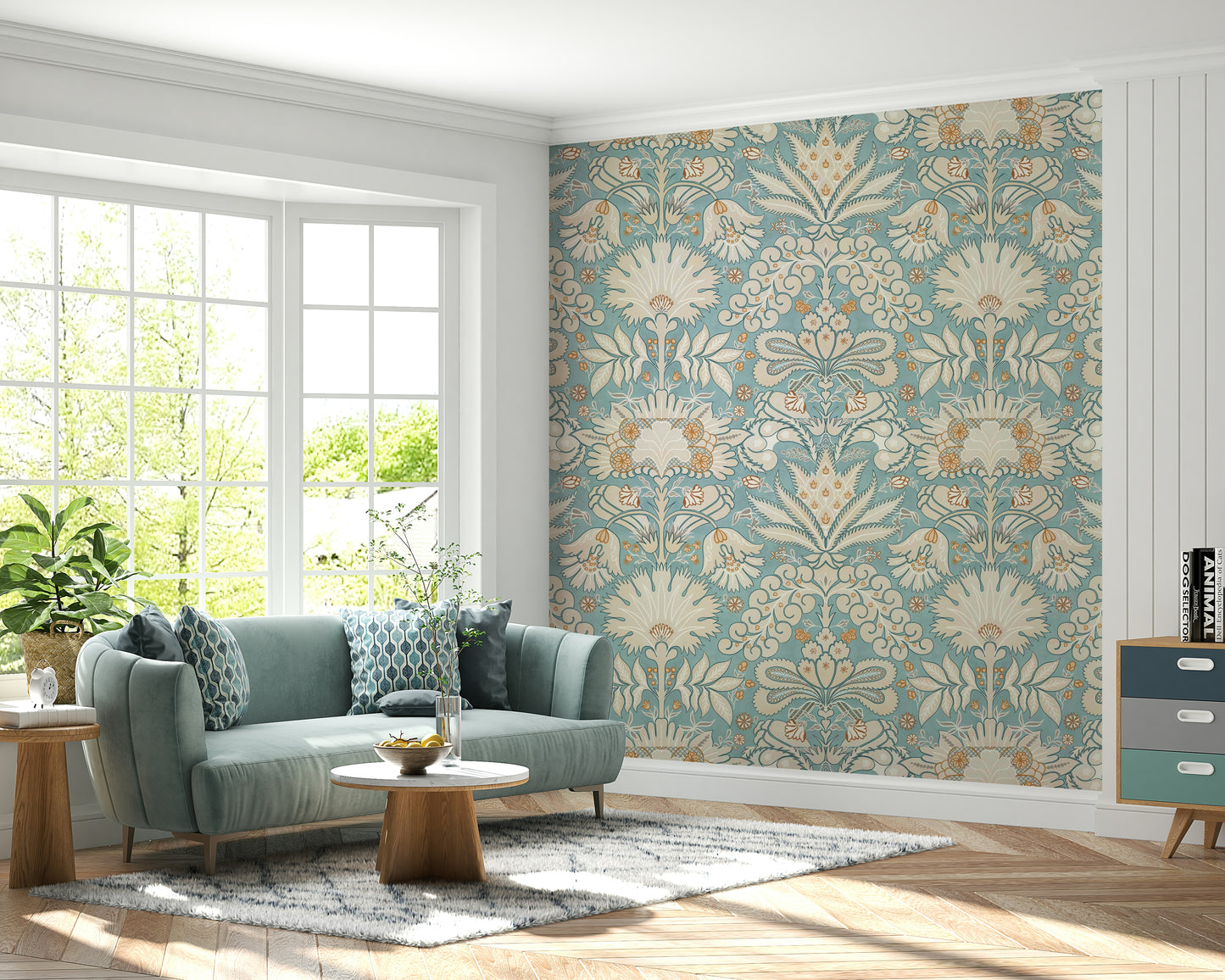 Botanic Damask Cream Aqua Blue