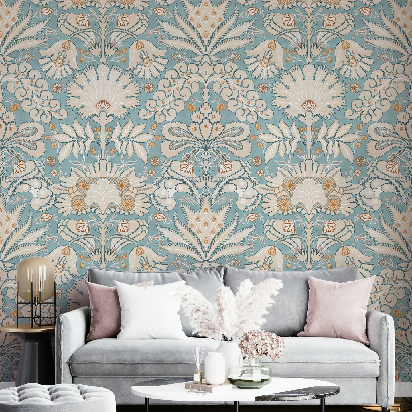 Botanic Damask Cream Aqua Blue