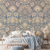 Timeless interior featuring cream and blue wallpaper

