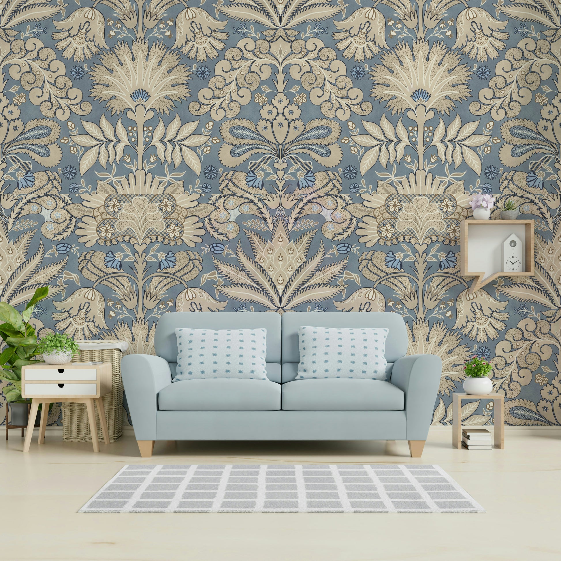 Slate blue and grey botanic wallpaper in a bedroom

