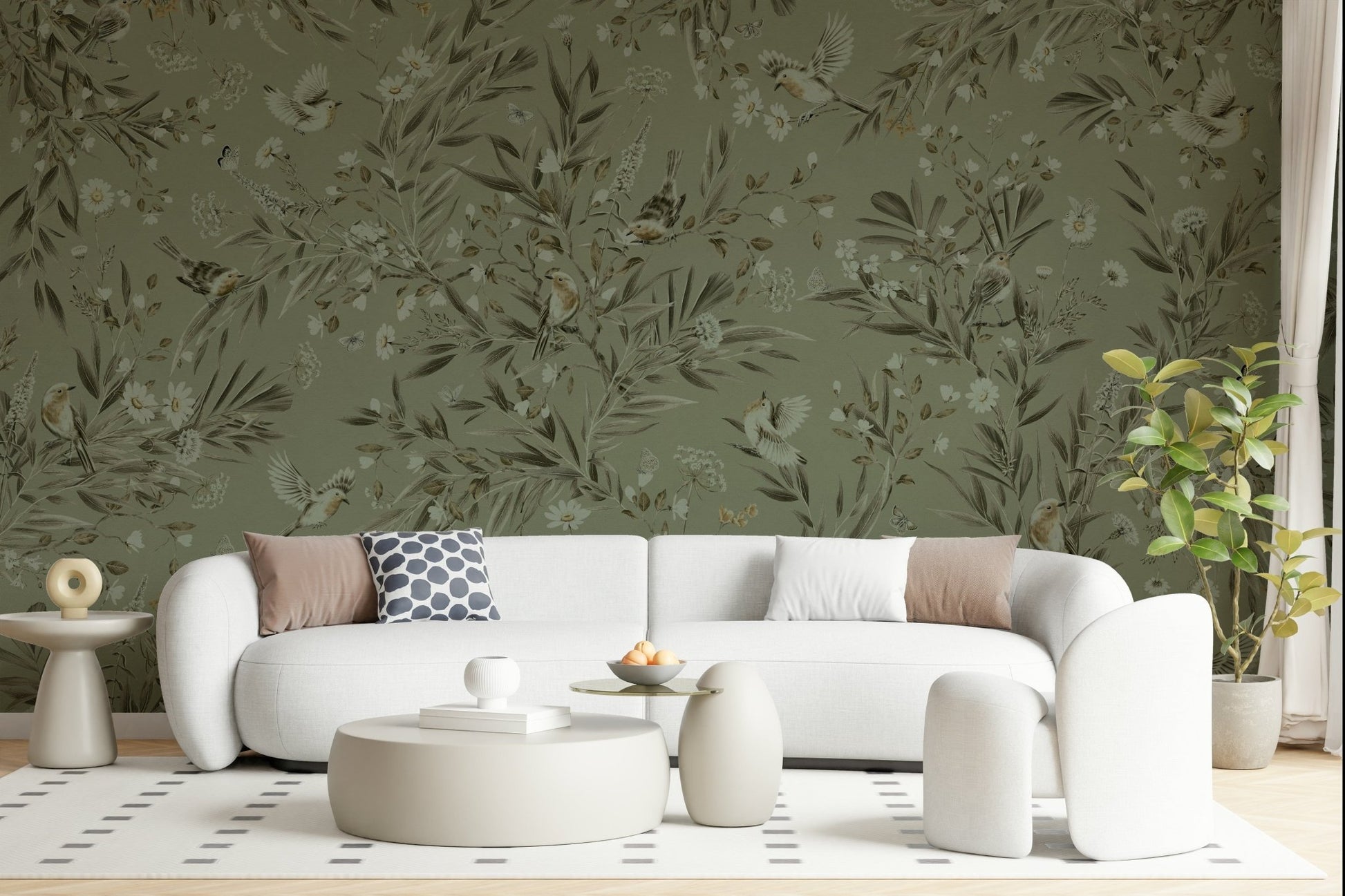 Nature-inspired wall mural featuring exotic birds among lush botanical foliage.