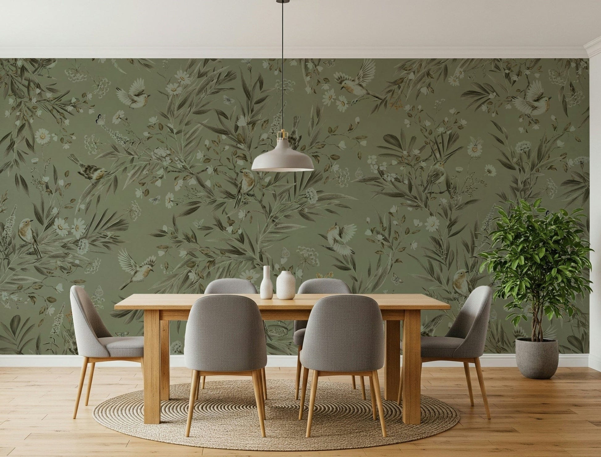 Soft watercolor mural of birds in a tropical botanical setting