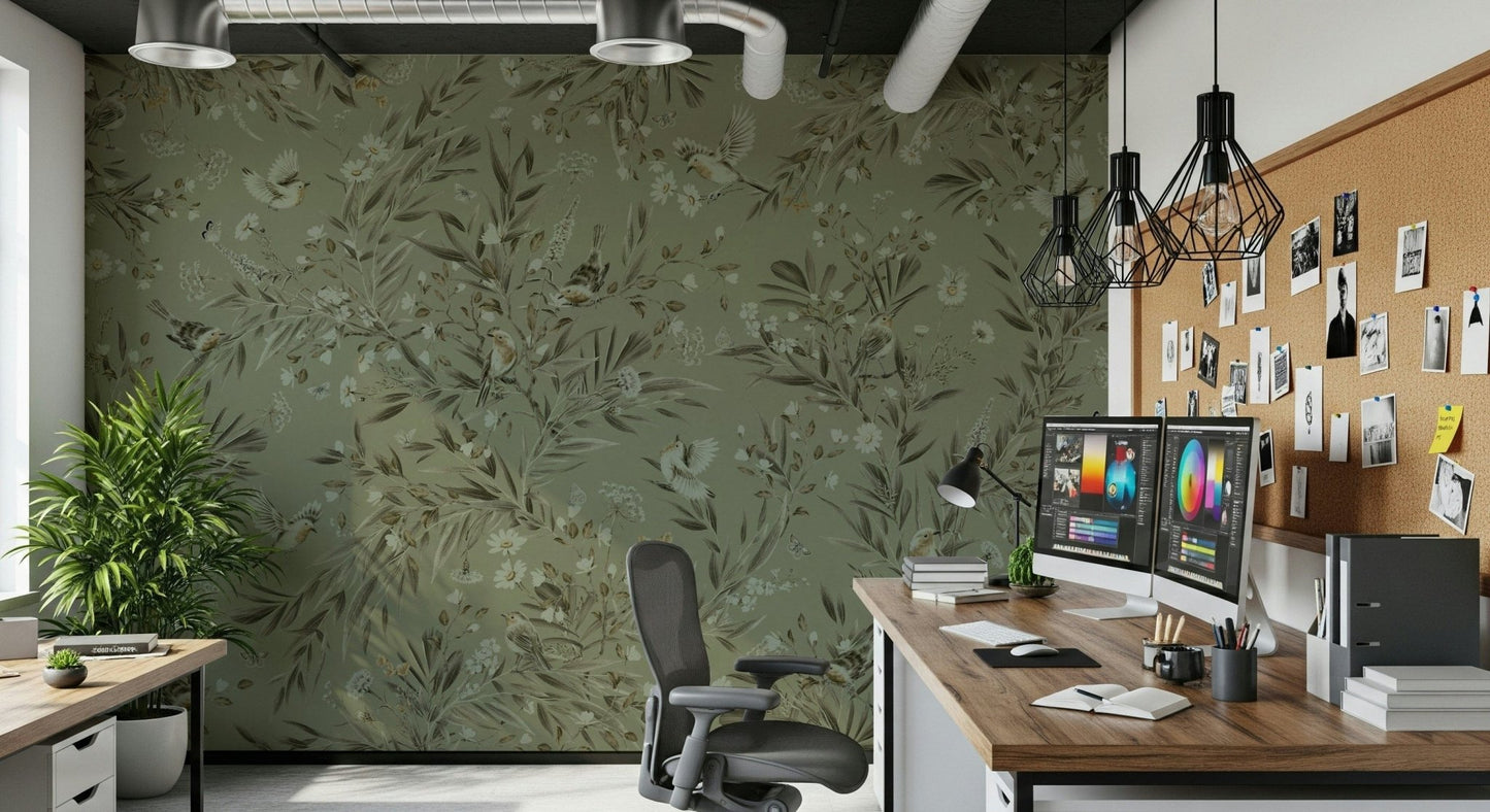 Artistic wall mural blending birds in flight with dense botanical patterns.