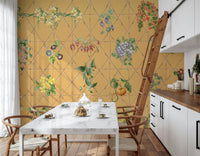 Bedroom headboard wall with lattice botanical mural, gentle colours and clean finish