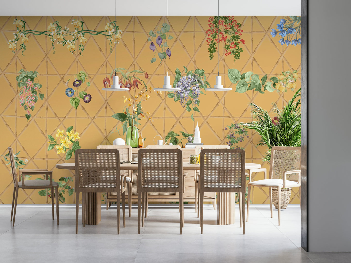Home office wall with leafy lattice wallpaper mural, tidy backdrop for home styling