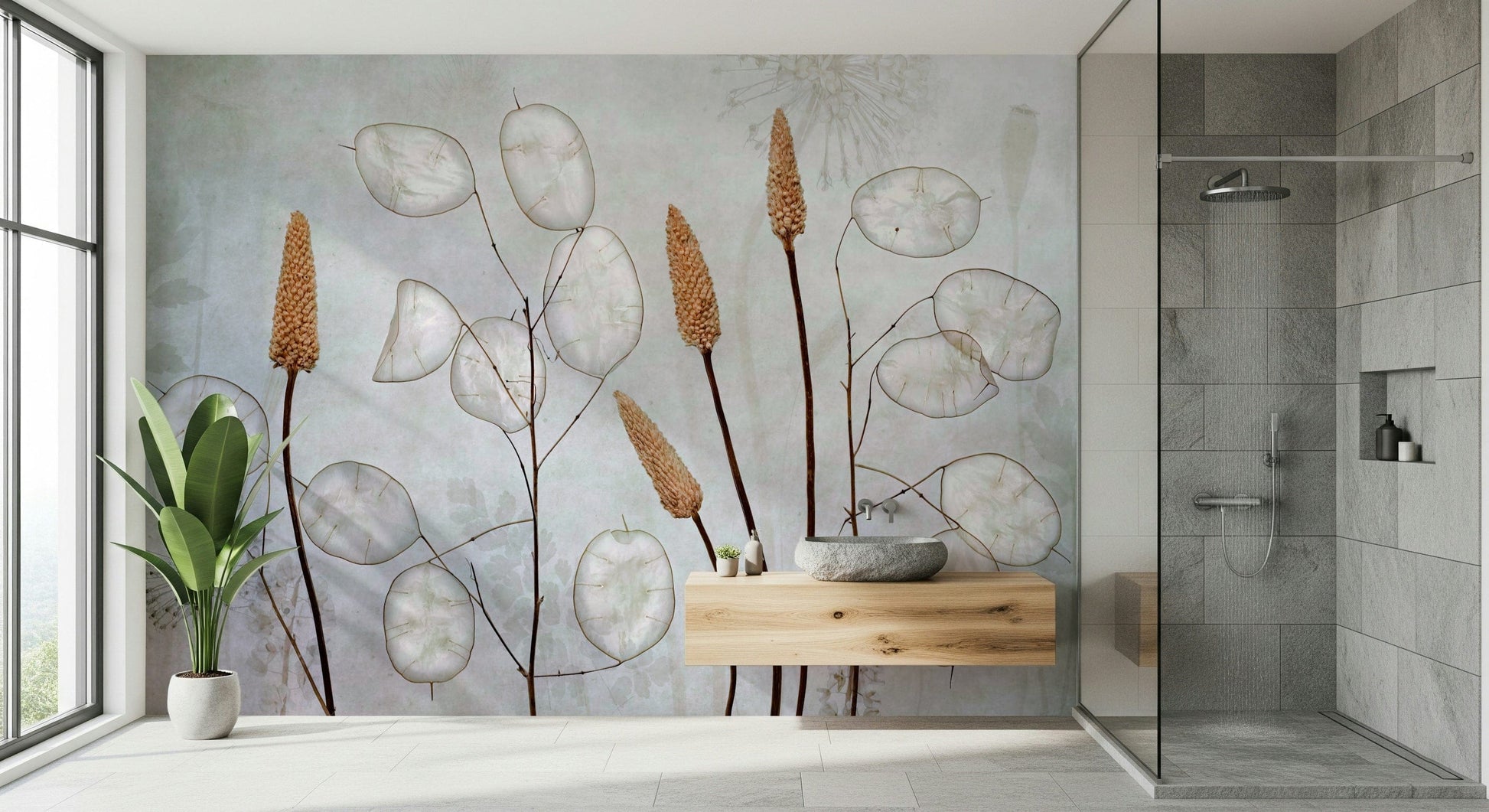 A peaceful botanical echo mural on decorative wallpaper.

