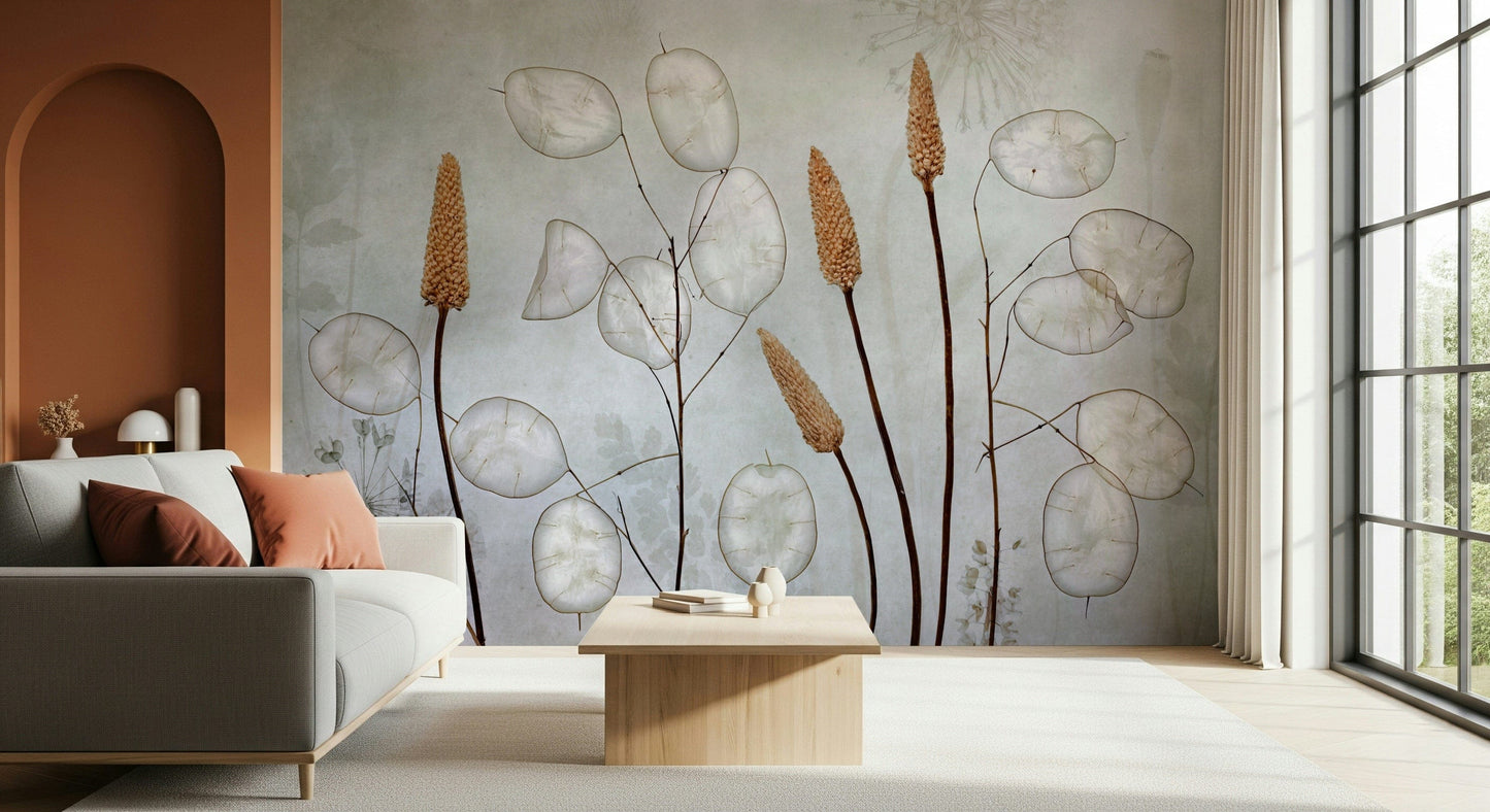 An artistic layered leaf mural on minimalist wallpaper.

