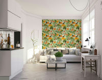 Nature-inspired wallpaper with vibrant birds and lush greenery

