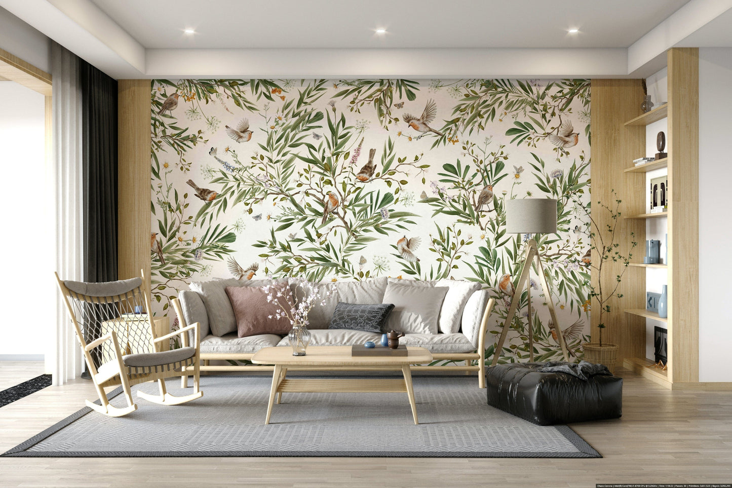 Tropical botanical wall mural with intricate bird and leaf patterns