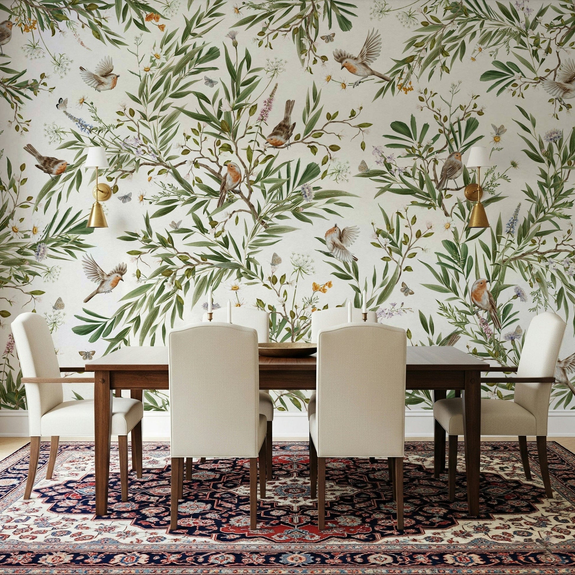 Lush botanical wall mural featuring exotic birds perched among vibrant tropical plants