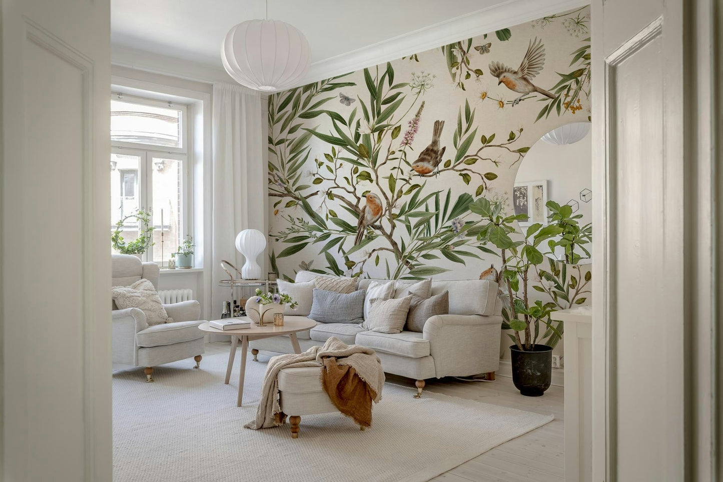 Botanical Aviary Wall Mural featuring colorful exotic birds perched among lush green foliage.