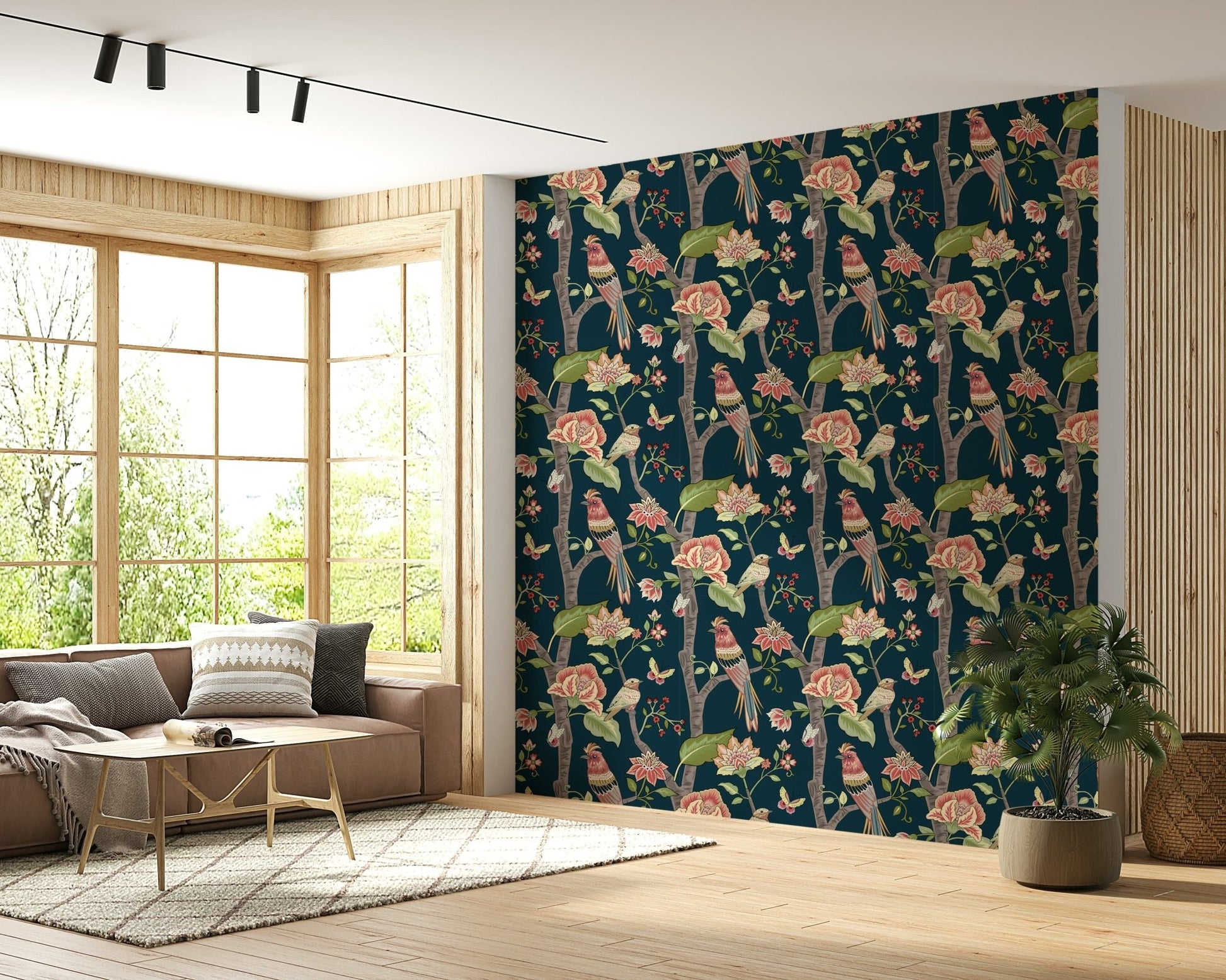 Floral and bird wallpaper mural with vibrant botanical elements on a rich dark backdrop.