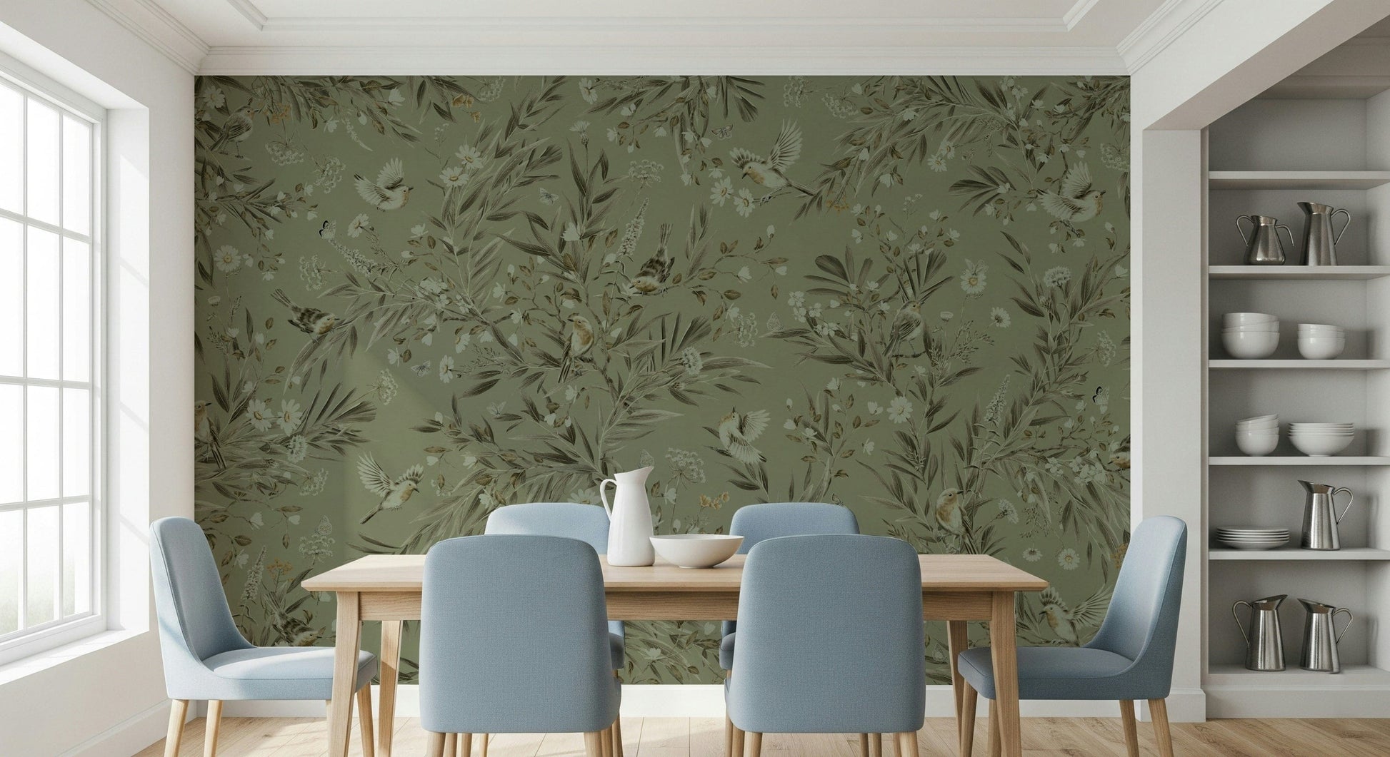 Tranquil mural showing birds resting amid vibrant tropical greenery