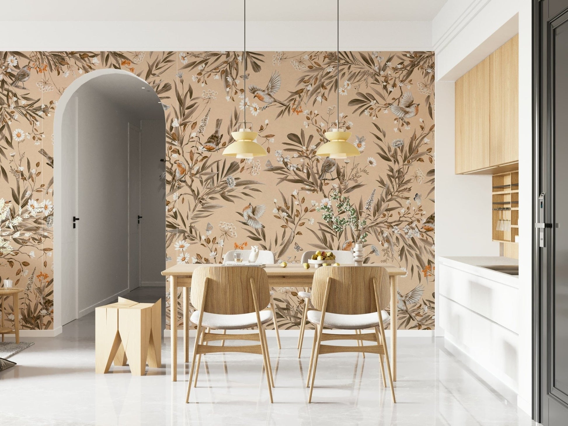 Vibrant wall mural featuring birds singing among lush tropical plants