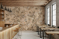 Botanical mural with colorful birds perched on flowering branches