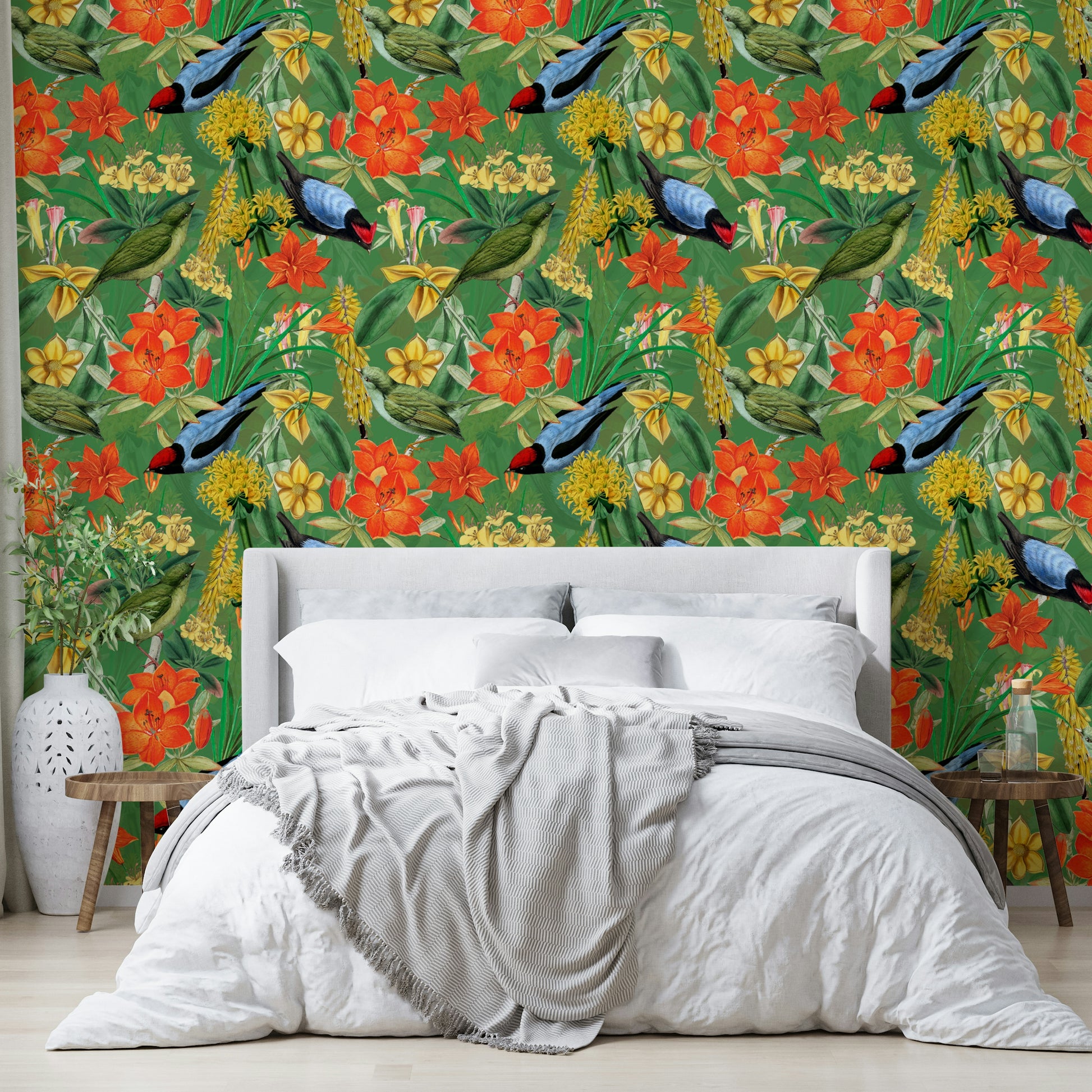 Elegant botanical wallpaper with floral motifs and bird accents

