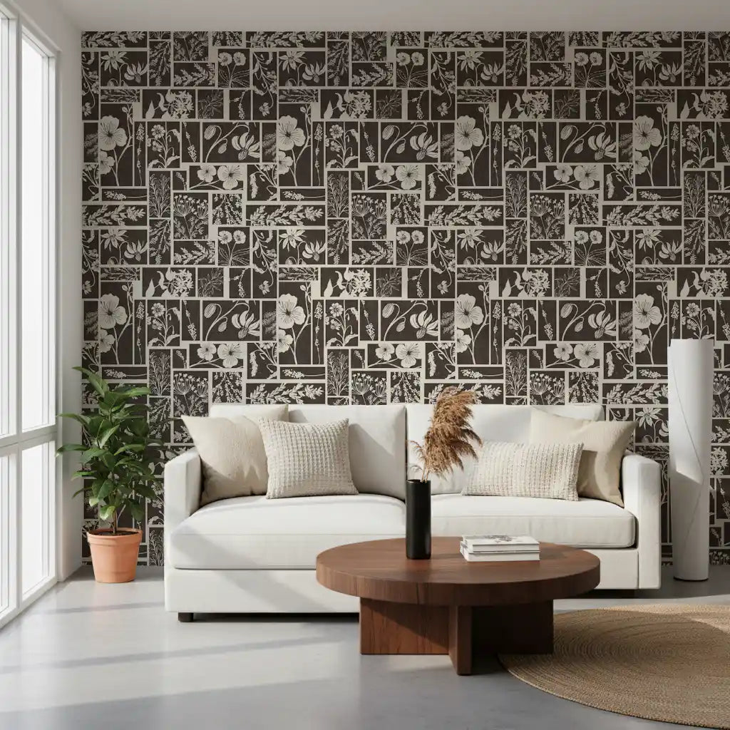 Nature pattern wallpaper with botanical block sections