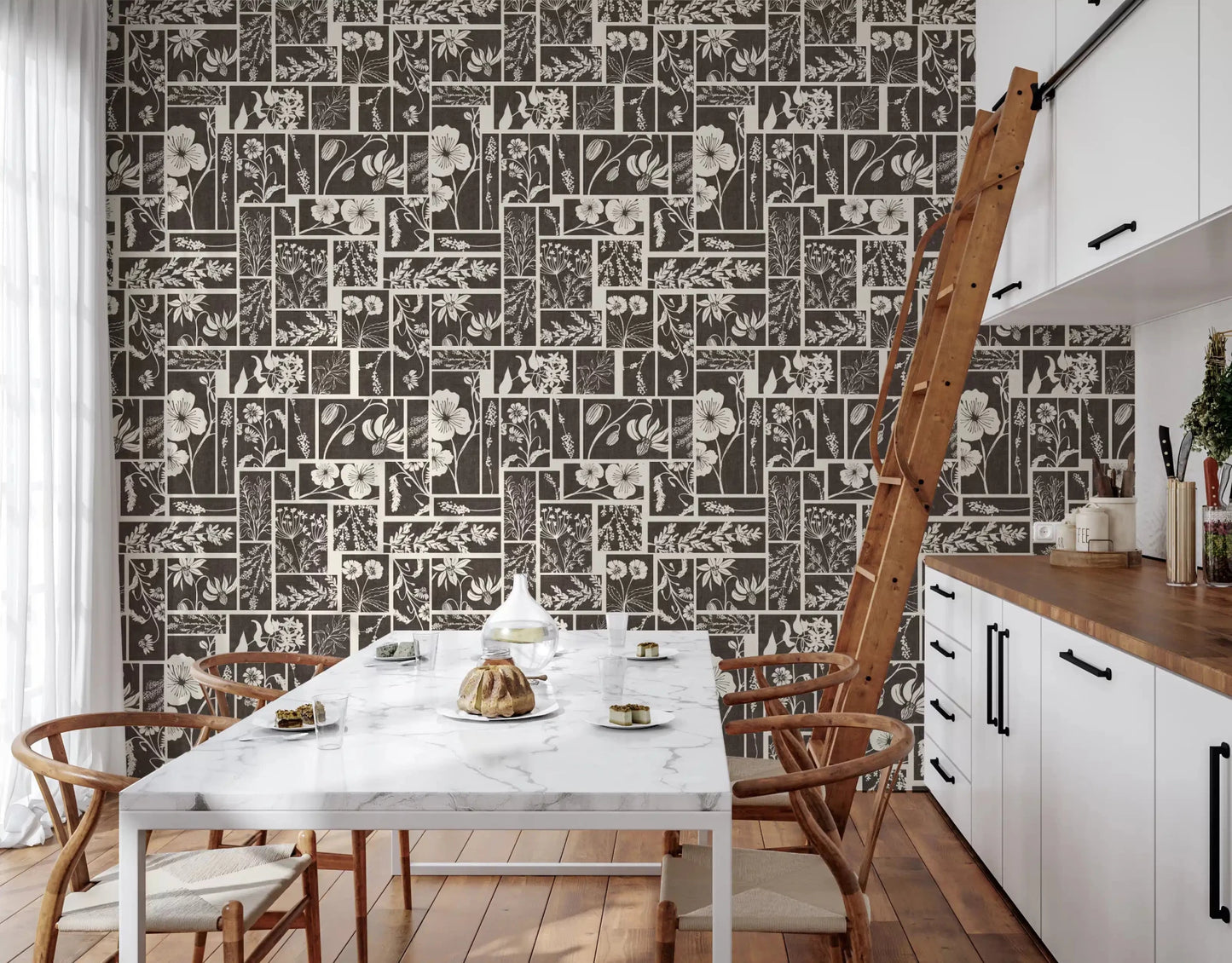 Dining room botanical wallpaper with white floral sketches