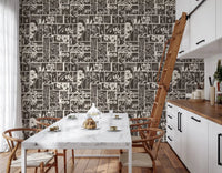 Dining room botanical wallpaper with white floral sketches