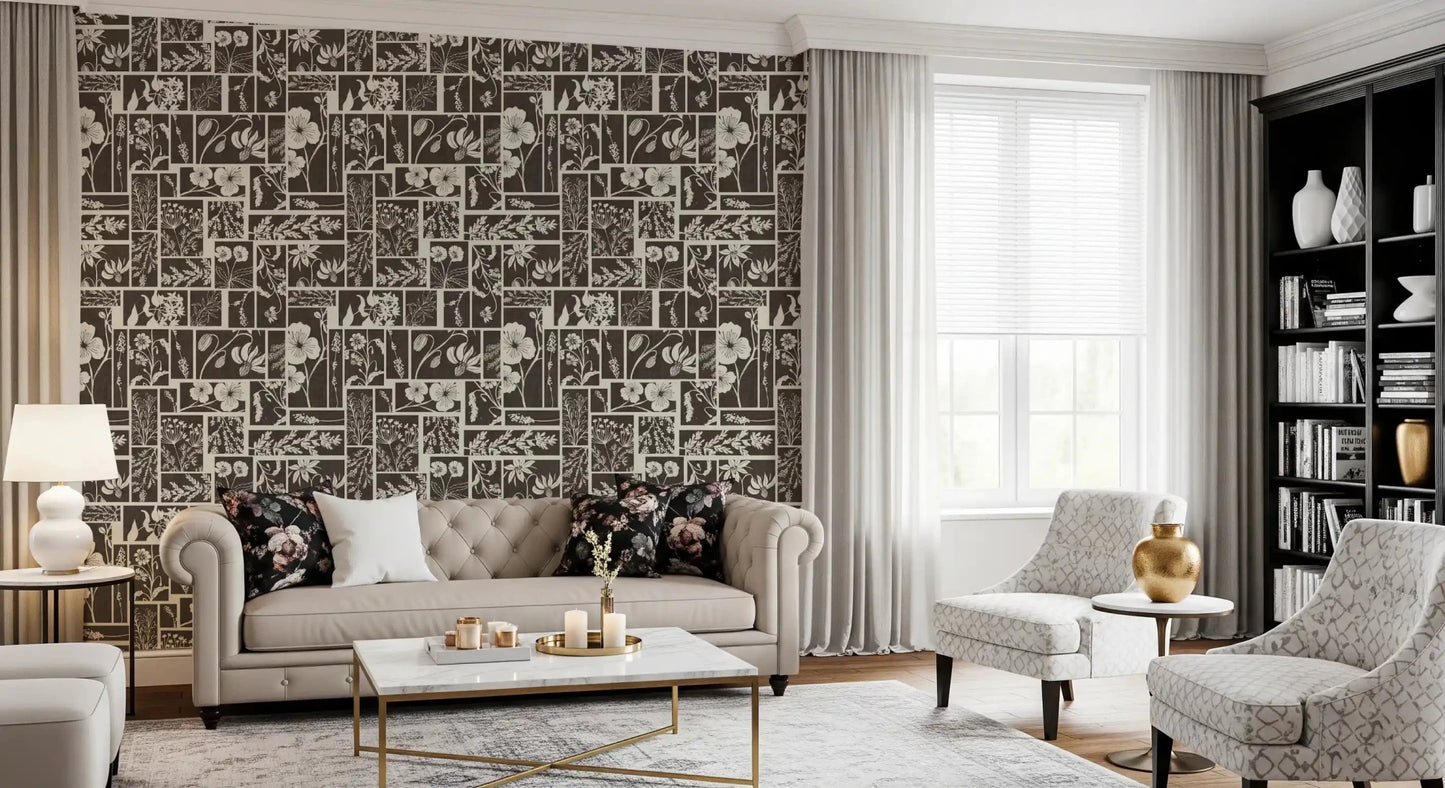White floral wallpaper with grid block arrangement