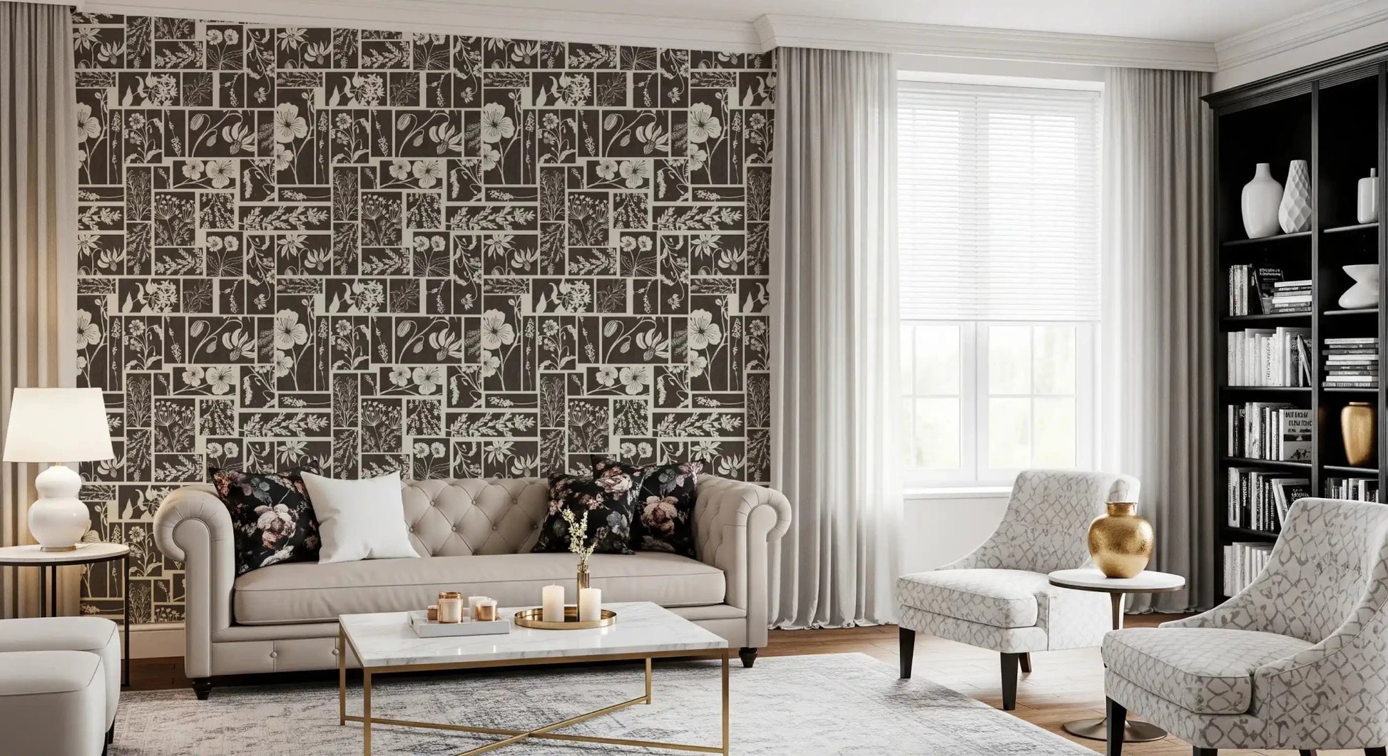 White floral wallpaper with grid block arrangement