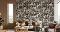 Living room floral wallpaper with botanical block print pattern
