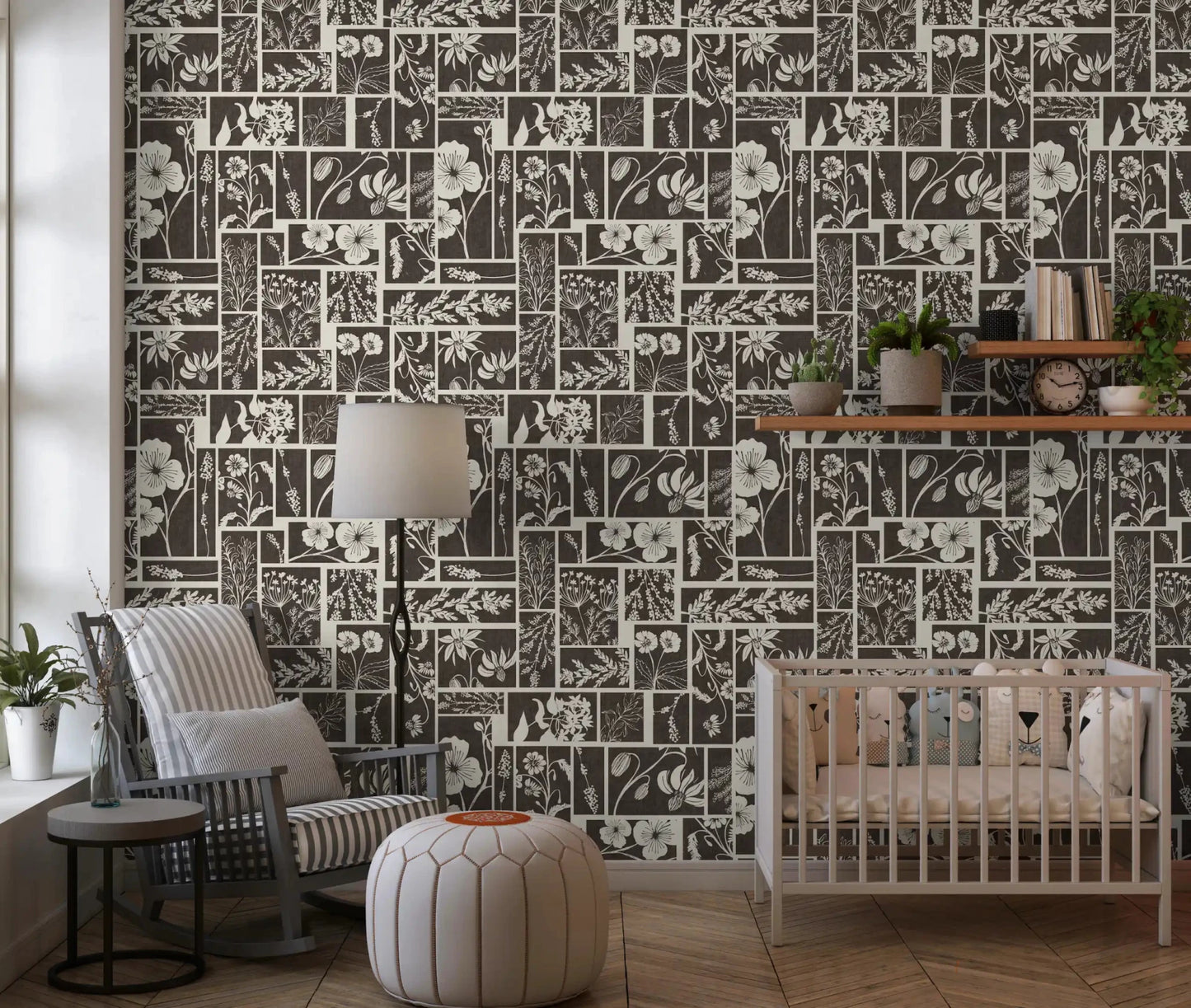 Neutral floral wallpaper with block style botanical design