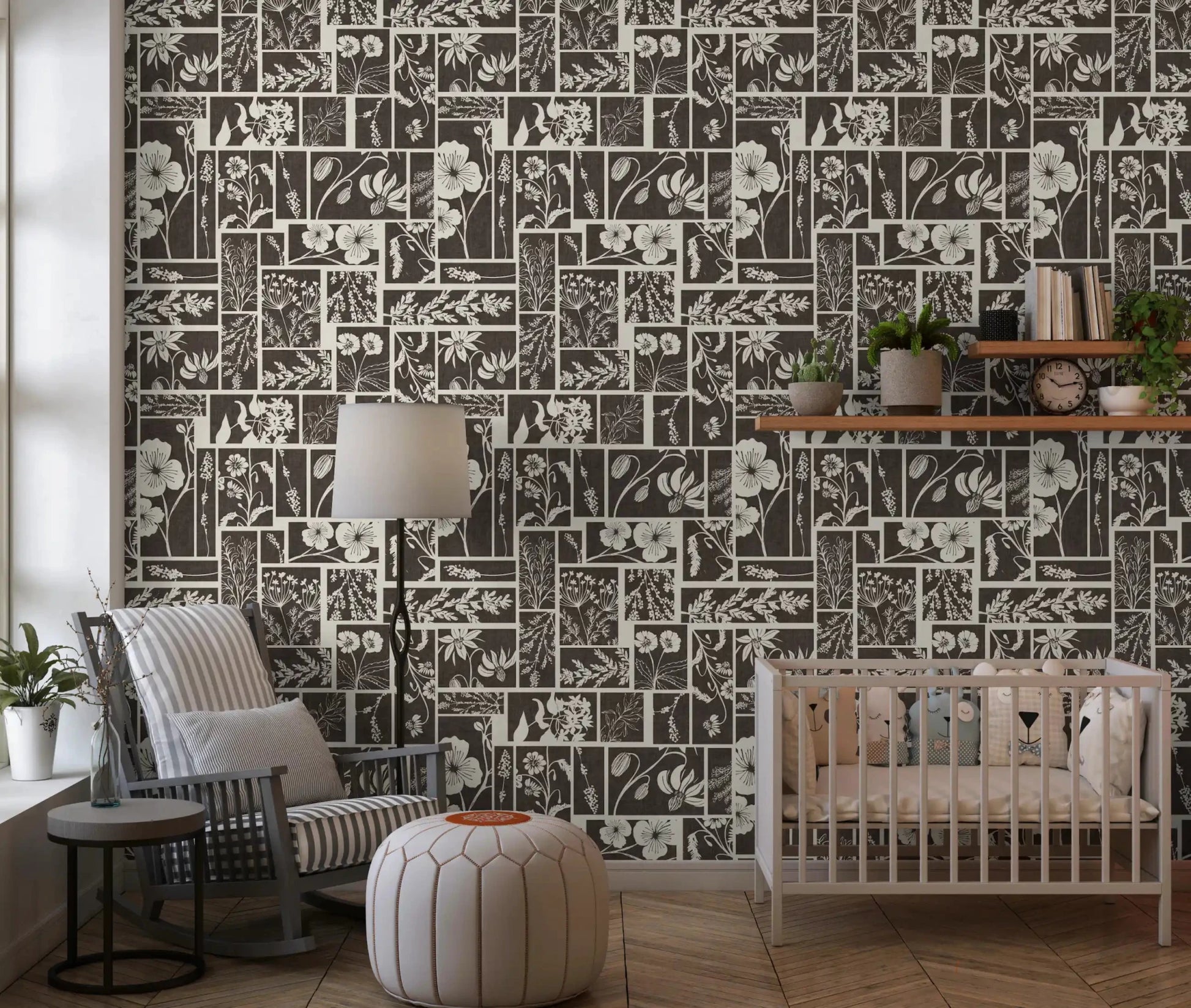 Neutral floral wallpaper with block style botanical design