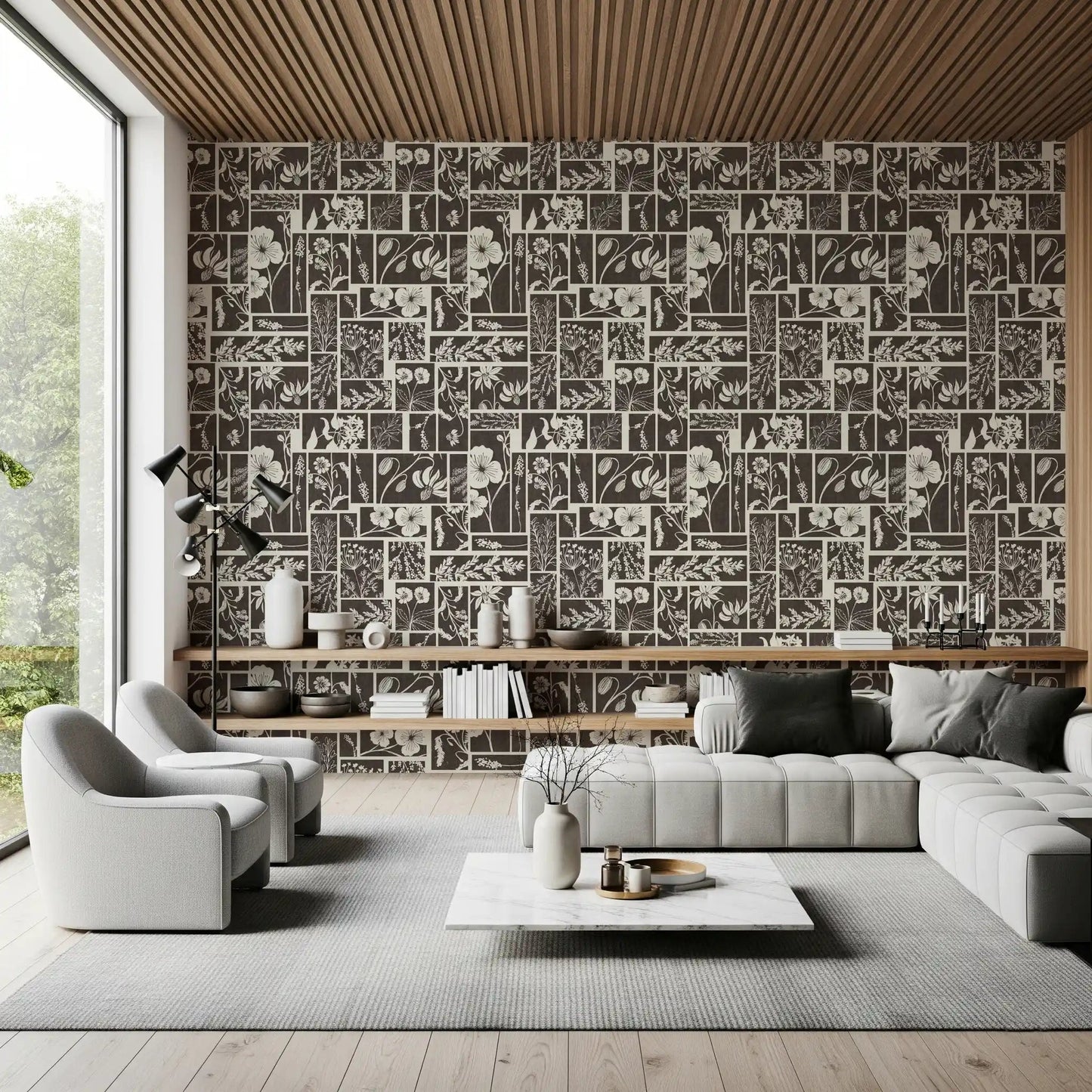 Hallway floral block wallpaper with structured panel layout