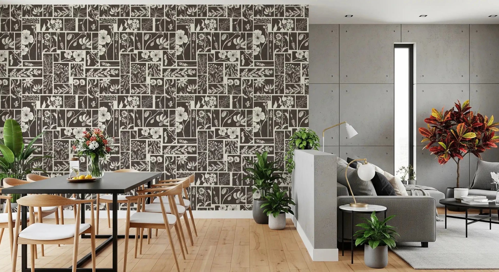 Modern floral wallpaper with structured block layout