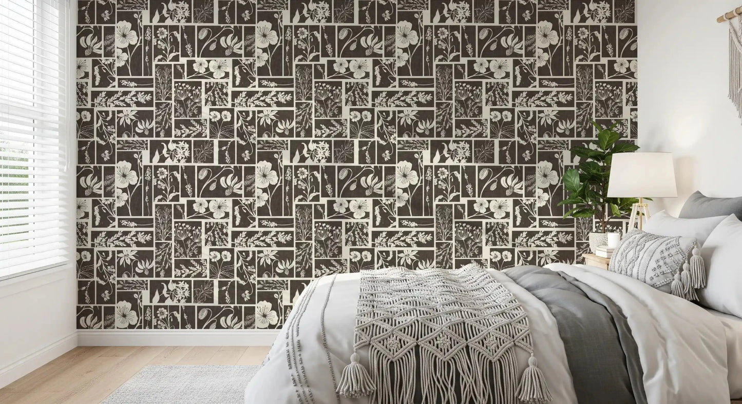Bedroom botanical wallpaper with neutral floral grid design