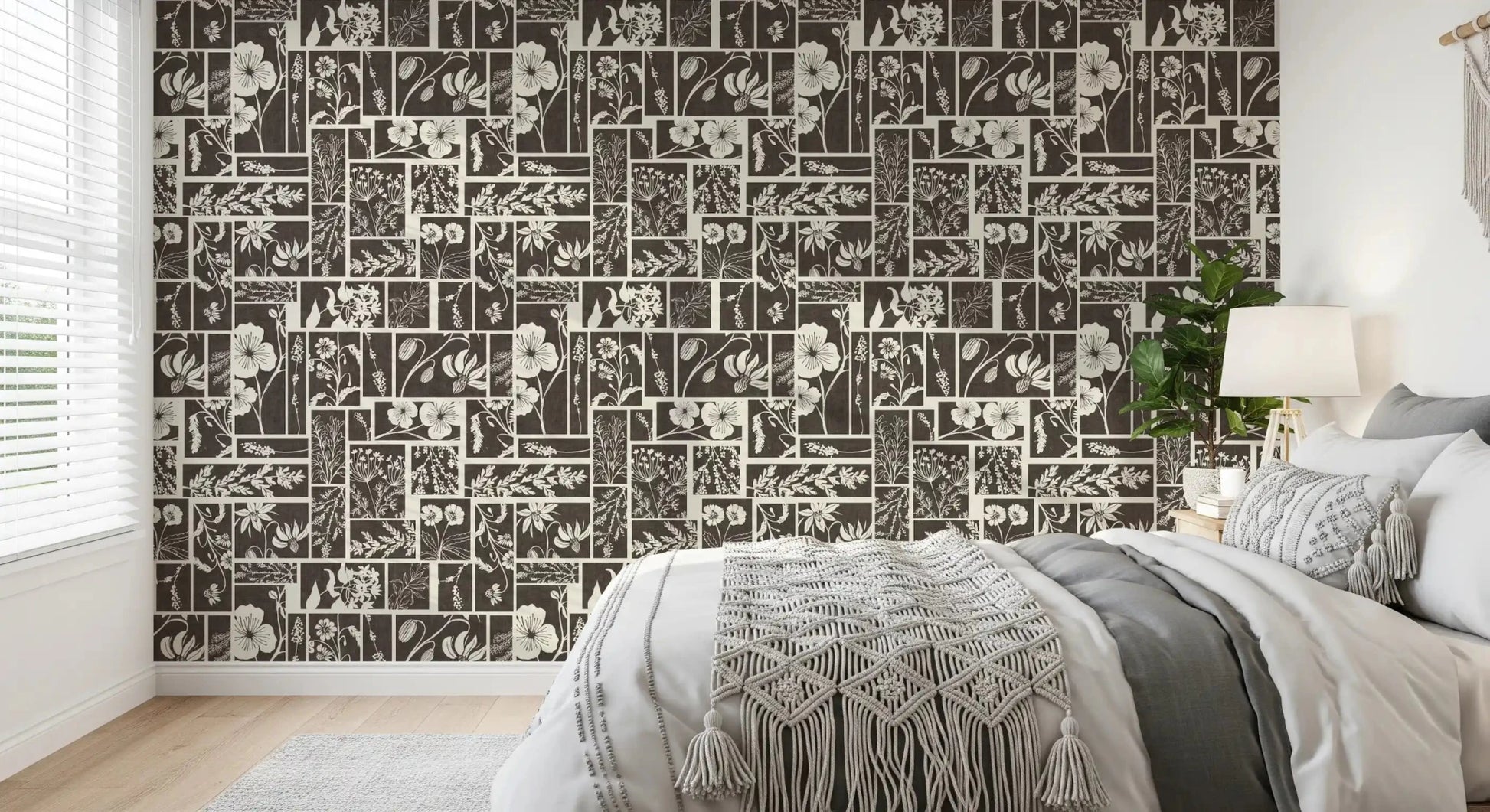 Bedroom botanical wallpaper with neutral floral grid design