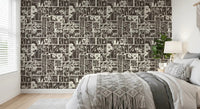 Bedroom botanical wallpaper with neutral floral grid design
