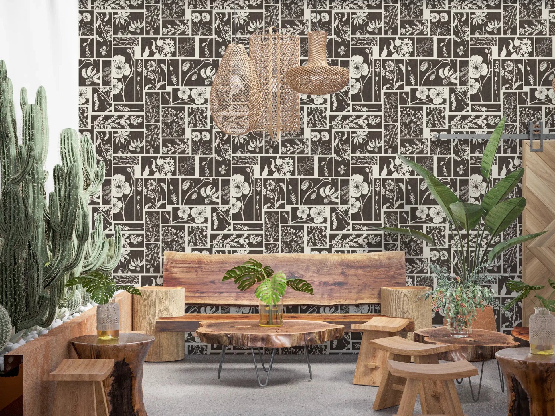 Botanical panel wallpaper with leaf and flower sketches