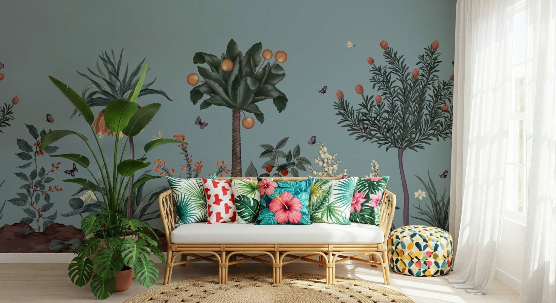 Entryway feature wall with Botanical Eden wallpaper, green leafy pattern and modern look