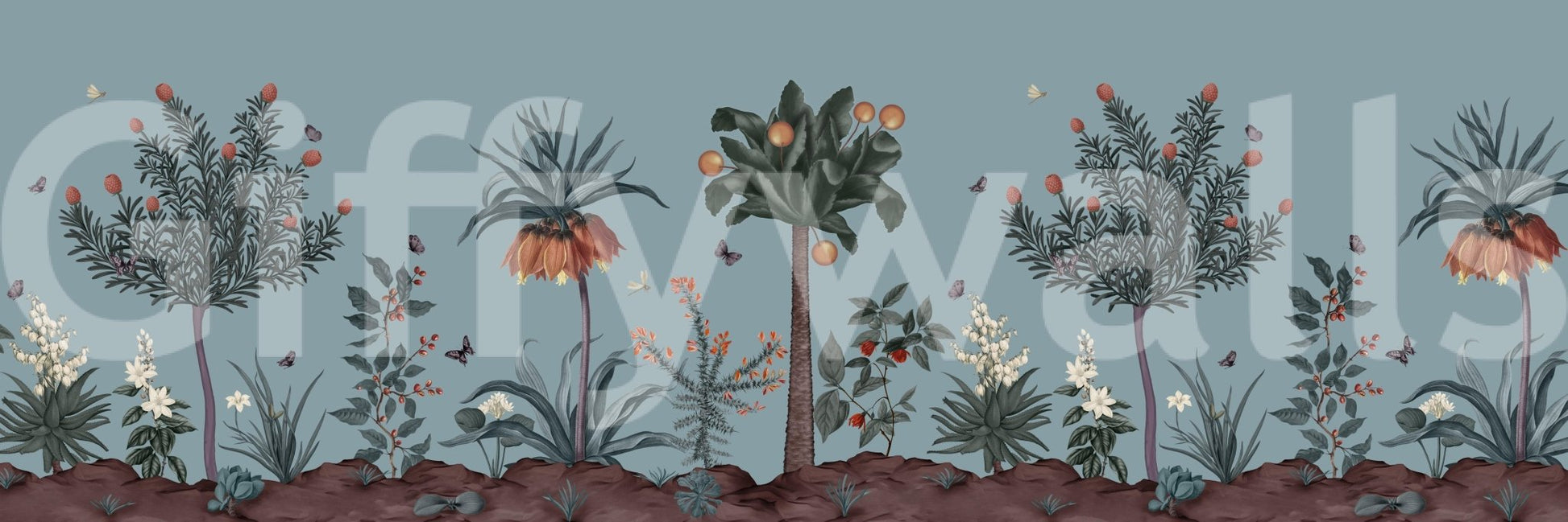 Reception wall with Botanical Eden mural, modern home styling and nature theme