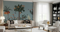 Reading corner wall with leafy wallpaper, balanced colour palette and gentle detail