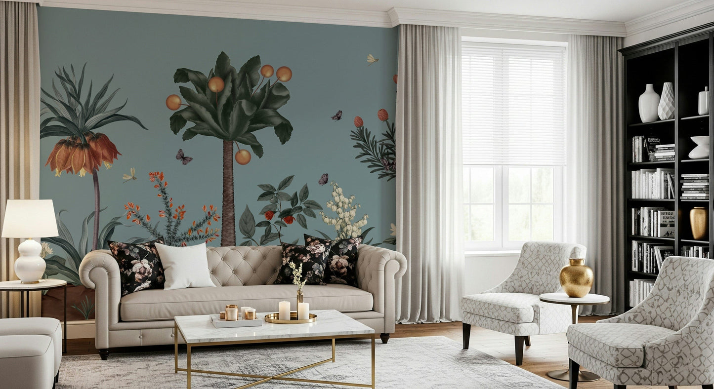 Reading corner wall with leafy wallpaper, balanced colour palette and gentle detail