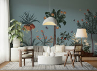 Bedroom feature wall with Botanical Eden mural, leafy detail and calm colour tones