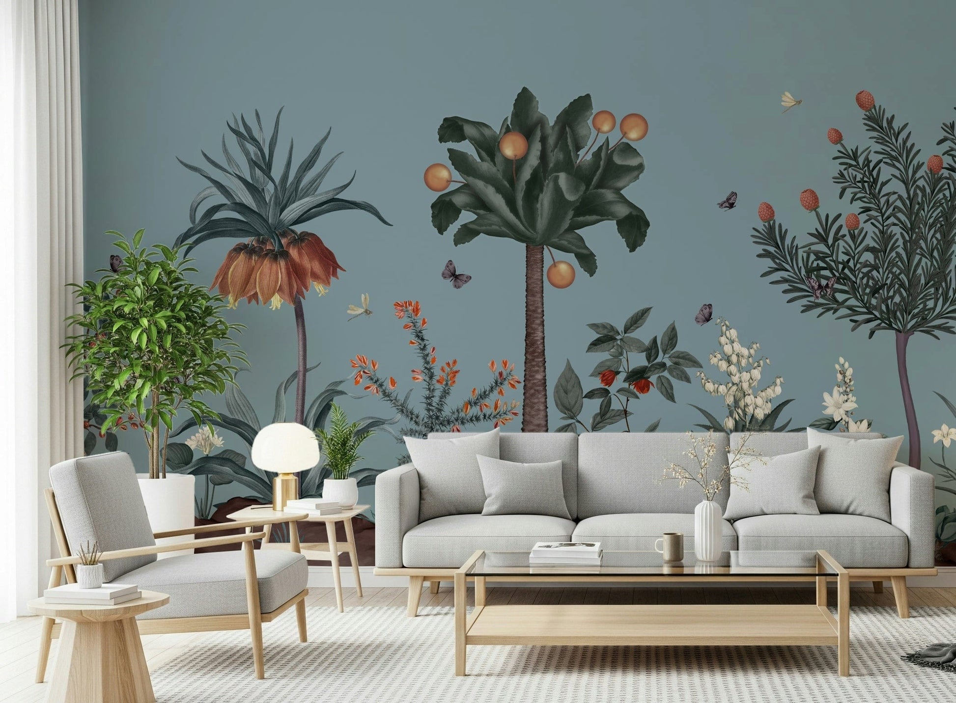 Botanical Eden Wall Mural in living space, leafy wall design for modern home styling