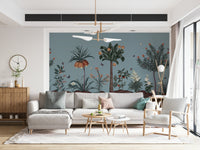 Home office wall with leafy botanical wallpaper mural, tidy backdrop for home styling